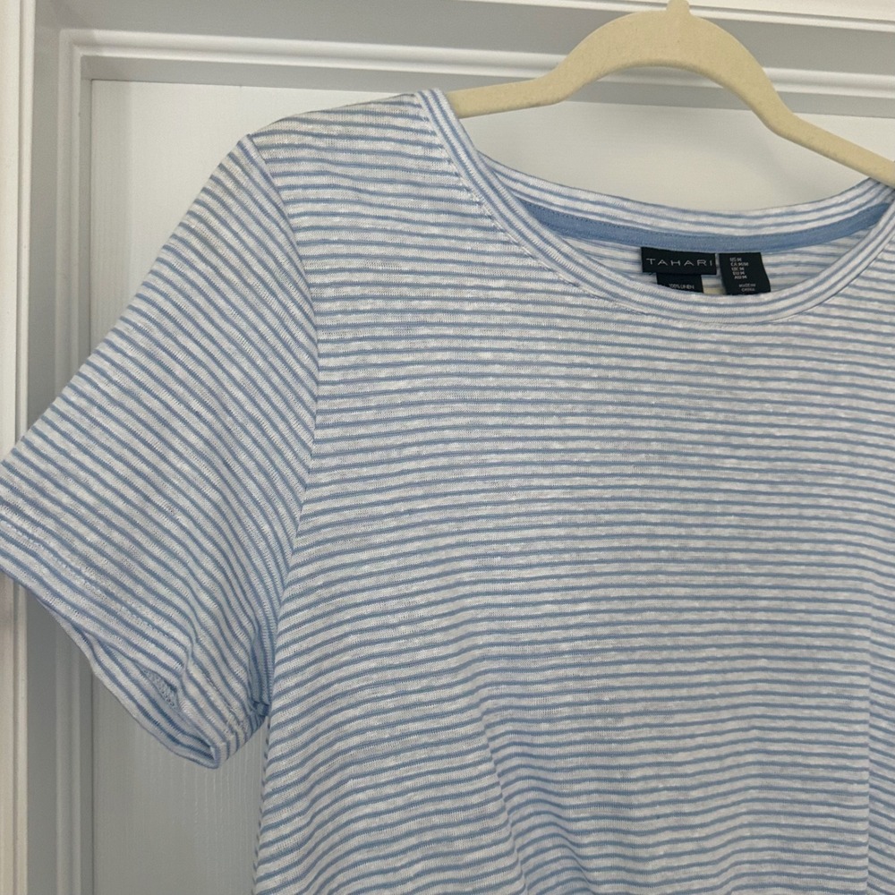 Tahari Blue White 100% Linen Striped Knot Twist Front Tee Size Medium - Picture 3 of 10